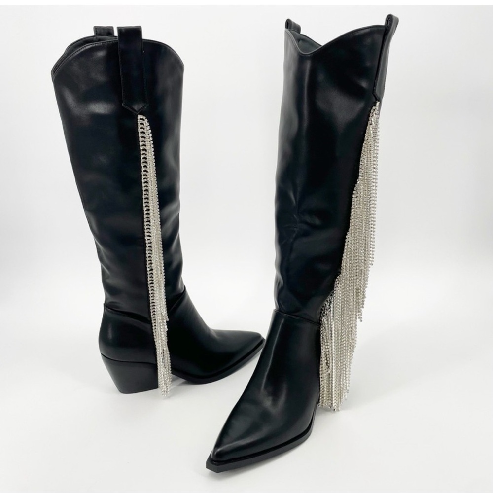 Black Leather Boots with Silver Fringe